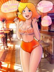 1girls alternate_version_available applespicex areolae blonde_hair blue_eyes blush breasts cameltoe casual cleavage clothed clothing clover_(totally_spies) crop_top english_text female female_only fully_clothed hooters hooters_uniform looking_at_viewer nipples nipples_visible_through_clothing notepad open_mouth pen public restaurant revealing_clothes see-through see-through_clothing shiny_skin short_shorts shorts skimpy smile solo speech_bubble tank_top text tight_clothing totally_spies uniform waitress