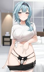 1girls beads bed bedroom big_breasts black_panties blue_hair blush breasts eula_(genshin_impact) female female_only genshin_impact groin hair hi_res impossible_clothes impossible_clothing impossible_fit impossible_shirt lingerie looking_at_viewer multi-strapped_panties panties pearl_thong shengtian shirt short_shorts shorts shorts_pull skindentation solo string_panties teasing white_shirt