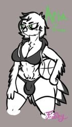 anthro anthro_only aria_stormwood_(frooby) athletic athletic_anthro athletic_gynomorph athletic_intersex avian ball basketball basketball_(ball) beak big_breasts bird black_body black_feathers bra breasts bulge clothed clothing digital_media_(artwork) feathers frooby genital_outline green_eyes gynomorph hi_res hoodie intersex knee_up legwear monochrome moody non-mammal_breasts parrot penis_outline pubes signature solo sports_bra sportswear stockings tail_feathers thong thong_straps tomboy topwear underwear