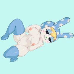 2021 animal_crossing anthro blonde_hair female francine_(animal_crossing) fur furry furry_only gammainks hi_res looking_at_viewer medium_breasts mostly_nude naked nintendo nipples nude pussy rabbit rabbit_humanoid smile stockings tail thick_thighs thighhighs vagina white_fur