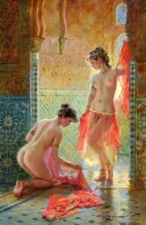 2girls anklet areolae ass belly_dancer bracelet breasts brown_hair casual clothing dancer earrings female female_only fine_art harem harem_girl human jewelry konstantin_razumov medium_breasts nipples nude nude_female original original_characters pale_skin see-through straight_hair tasteful_nudity