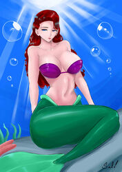 1girls ariel blue_eyes disney disney_princess female female_only green_tail jpeg large_breasts looking_at_viewer mermaid red_hair salsdraws seashell_bra signature solo the_little_mermaid underwater voluptuous