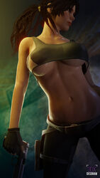 1girls 3d athletic athletic_female brown_hair busty clothed clothing crop_top depth_of_field desdraw fanart female female_focus female_only fingerless_gloves holding_gun holding_object holding_weapon hourglass_figure lara_croft lara_croft_(survivor) no_eyewear pinup ponytail solo solo_female standing tagme tomb_raider underboob wet wet_body wet_skin wide_hips