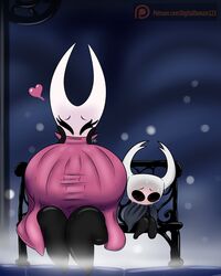 ^_^ anthro antlers beetle bench blush blushing cape cute digitaldomain123 female flustered happy heart heavy_blush height_difference hollow_knight hornet_(hollow_knight) horns hyper hyper_breasts larger_female long_sleeves male mantle nervous night older_female patreon pink_heart pink_sweater protagonist_(hollow_knight) shy siblings sitting size_difference sleeves_past_wrists smaller_male spoken_heart straight_horns sweatdrop sweater sweating top_heavy url younger_male