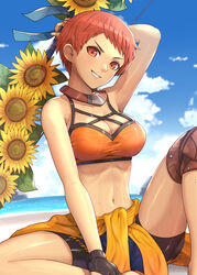 >:) 1girls 2020s 2021 absurdres alternate_costume arm_up armpit armpits bare_arms bare_shoulders barefoot beach bike_shorts bikini bikini_top black_bottomwear black_handwear black_shorts blue_sky bow bra breasts cleavage clothes_around_waist collarbone compression_shorts confident day exposed_belly feet_out_of_frame female female_only fingerless_gloves fire_emblem fire_emblem:_three_houses fire_emblem_heroes flower front_view furrowed_brow gloves gonzarez grin highres holding holding_sword holding_weapon jewelry knee_pads large_breasts leonie_pinelli leonie_pinelli_(summer) looking_at_viewer manga medium_breasts navel necklace nintendo ocean official_alternate_costume one_arm_behind_head one_leg_up orange_bikini orange_eyes orange_hair orange_swimsuit outdoors parted_lips red_eyes red_hair sand shiny_bottomwear shiny_bra shiny_breasts shiny_gloves shiny_legs shiny_skin short_hair shorts sitting sitting_on_ground sky smile solo stomach sunflower sunflowers sweat sweatdrop sweaty sweaty_breasts sweaty_face sweaty_legs swimsuit sword tomboy v-shaped_eyebrows very_short_hair water weapon yellow_flower