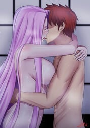 1boy absurdres arms_around_neck arms_around_waist blush breasts emiya_shirou fate/hollow_ataraxia fate/stay_night fate_(series) female french_kiss highres kissing large_breasts long_hair medusa_(fate) medusa_(rider)_(fate) nude orange_hair purple_hair sex short_hair tongue very_long_hair zin_(pixiv30275228)