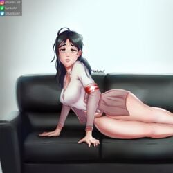 attack_on_titan bare_legs black_panties casting_couch couch kariksart lying open_skirt panties pieck_finger skirt smile string_panties tagme thick_thighs thin_arms thin_waist wide_hips