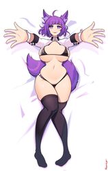 1girls arms_out bed bikini breasts breasts_exposed commission cosplay fox_ears fox_girl fox_tail hourglass_figure laying_down laying_on_bed mura_(woops) partially_clothed purple_ears purple_eyes purple_hair purple_tail shrug_(clothing) smile solo spiral_eyes thighhighs woops youtuber