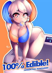 1girls 2018 69_(number) artist_name bare_arms bare_legs bare_shoulders blue_background blue_hair breasts brown_eyes cleavage english_text eyebrows_visible_through_hair female female_only highres large_breasts leaning_forward lies miiyauwu mouth_hold orange_background orange_hair patreon_username personification rizkitsuneki sexually_suggestive signature smile solo swimsuit text thigh_gap thighs three-tone_hair tide_pod tide_pod-chan twintails url washing_machine watermark white_hair