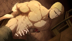 1boy arm_band attack_on_titan blonde_hair censor_bar censored censored_penis clothing genitals kuroshinki male male_only muscular muscular_male penis reiner_braun shingeki_no_kyojin sitting solo solo_male