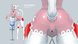 anal_tail anthro ass balls bandaid blue_eyes buttmarch cat_ears catboy chains cock_ring cum femboy furry male nurse penis pink_skin russian_text syringe tail tailbox thigh_gap thighhighs white_hair