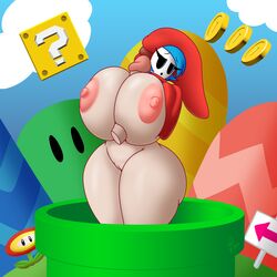 1girls areolae background big_breasts big_penis bimbo blue_hair boobjob breasts female huge_breasts large_ass large_breasts long_sleeves mario_(series) mask nintendo nipples outercourse paizuri partially_clothed penis pussy shy shy_gal solo_female super_mario_bros. supermoonshroom thick thick_thighs thighs watermark wide_hips