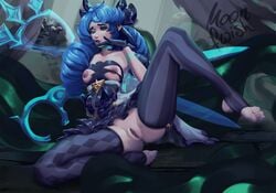 blue_eyes blue_hair blue_nails breasts garter_straps gwen_(league_of_legends) league_of_legends moonfwish pussy riot_games scissors stirrup_legwear thighhighs