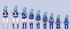 2021 age_regression aqua_(konosuba) blue_eyes blue_hair blush boots breast_expansion cleavage growing growth heel_boots high_heel_boots inksgirls kono_subarashii_sekai_ni_shukufuku_wo! no_panties sequence shrink shrinking tagme thigh_boots thighhigh_boots torn_clothes wardrobe_malfunction