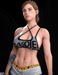1girls 3d bare_midriff brown_hair cleavage ellie_(the_last_of_us) ellie_williams female female_only fit fit_female freckles naughty_dog panties ponytail rude_frog solo solo_female sports_bra sportswear tagme tattoo the_last_of_us the_last_of_us_2 tied_hair underwear