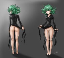 1girls ass ass_visible_through_thighs black_dress bottomless breasts dress female green_eyes green_hair highres looking_at_viewer looking_back luizhtx multiple_views no_panties one-punch_man pelvic_curtain_aside petite petite_body petite_breasts petite_female pussy short_green_hair short_hair slender_waist slim_waist small_breasts smile solo standing tatsumaki thin_waist wide_hips young