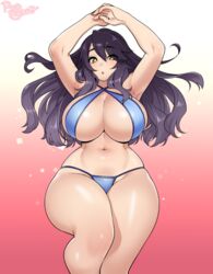 1girls aliessa_phaire armpits bare_shoulders belly belly_button big_breasts bikini black_hair breasts cleavage commission commissioner_insert female female_only front_view gradient_background hips huge_breasts human human_only humanoid large_breasts pink_background ryo_agawa solo solo_female tagme thick thick_thighs thighs voluptuous wide_hips yellow_eyes