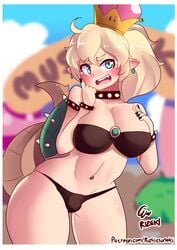 1girls 2018 artist_name black_bra black_nails black_panties blonde_hair blue_eyes blurry blurry_background blush bowsette bra bracelet breast_suppress breasts cd-i cleavage cloud collar crown earrings eyebrows_visible_through_hair fangs female female_only genderswap_(mtf) hand_on_chest horns hotel_mario jewelry large_breasts long_hair mario_(series) miiyauwu monster_girl nail_polish navel navel_piercing new_super_mario_bros._u_deluxe nintendo open_mouth outdoors panties patreon_username piercing pointy_ears ponytail rizkitsuneki rule_63 shell signature skindentation sky solo spiked_bracelet spiked_collar spiked_shell spikes standing super_crown tail teeth thick_thighs thighs tied_hair tongue turtle_shell underwear underwear_only url wide_hips