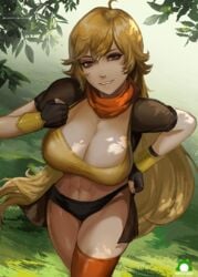 1girls abdomen abs big_breasts blonde_female blonde_hair cleavage exposed_legs female_only large_breasts light-skinned_female long_hair long_legs looking_at_viewer muscles muscular muscular_female nextoad no_pants pulling_shirt_open purple_eyes rwby smile smiling solo_female tagme thick_thighs thighhighs wide_hips yang_xiao_long