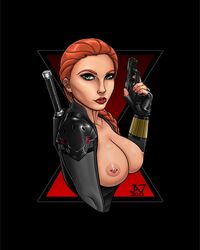 1girls avengers big_breasts black_widow_(marvel) bodysuit breasts breasts_out busty cleavage female female_focus female_only green_eyes jeloart7 large_breasts lipstick long_hair marvel marvel_comics natasha_romanoff nipple_piercing nipples piercing red_hair tagme