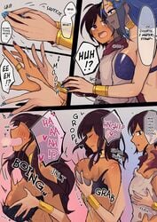 1girls ass_expansion breast_expansion breast_grab breasts cleavage comic corivas dialogue english_text gender_transformation genie genie_lamp grabbing grabbing_from_behind groping hair_growth huge_breasts mtf_transformation original original_character ponponsoro rule_63 text transformation translated vae_c