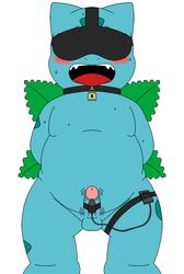 anonymouslizard anthro arms_tied blindfold blush bodily_fluids bondage bondage_gear bound bound_wrists chubby_anthro chubby_cheeks chubby_male collar erection fangs genitals hands_tied ivysaur lock male male_only nintendo penile penis pokémon_(species) pokemon pokemon_(species) sex_toy slightly_chubby solo sweat teeth teeth_showing teeth_visible tongue tongue_out vibrator vibrator_on_penis video_games