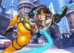 ass brown_hair ed_product glasses gloves gun overwatch tinted_eyewear tracer visor yellow-tinted_eyewear