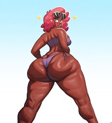 big_ass bikini bikini_bottom bikini_top bottom_heavy bottomwear brown_skin crystal_(inoiiying) dark-skinned_female dutch_angle eyewear_on_head female fluffy_ears gradient_background heart huge_ass human looking_back medium_breasts pink_eyes pink_hair poofy_hair purple_bikini purple_bra purple_panties sinkhaffa sky solo sunglasses sunglasses_on_head thick_thighs