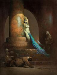 1boy 1boy1girl 1girls big_cat black_hair blue_eyes dark-skinned_male egyptian frank_frazetta gold_pasties headdress loincloth looking_at_viewer pasties pillar royalty voluptuous