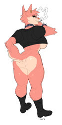 2021 anthro big_breasts black_clothing black_shirt black_topwear bottomless bracelet breasts canid canine clothed clothing collar conditional_dnp digital_media_(artwork) ear_piercing ear_ring female footwear fur hi_res jewelry junebelle_jett kippy mammal piercing pink_body pink_fur punk red_nose shirt side_boob simple_background smoking_tobacco solo spiked_bracelet spiked_collar spikes topwear