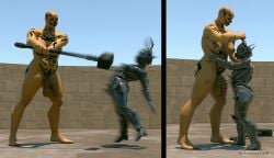 3d adeptus12 arena armor armored_female armour claws fight futa_only futanari gruntress hammer height_difference helmet huge_balls huge_cock human naked nude orc plate_armor princess_ezi size_difference tattooed_female tattoos tattoos_everywhere war_hammer