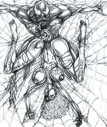 1girls alternate_version_available arcana_studios bad_end big_city_comics black_and_white crossover defeat defeated female hannah_washington image_comics line_art lineart male marvel sex sketch spider-man_(series) straight straight_hair superhero superheroine symbiote the_ant tongue torn_clothes torn_clothing venom_(marvel) web wicka