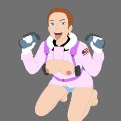 barefoot blue_eyes blue_panties breasts_out brown_hair edit edited female_focus female_only grenade grenades millitary on_knees panties simple_background slicked_back_hair suggestive the_thing tounge_out traced traced_art uniform video_game