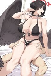 1boy absurdres bar_censor bikini black_bikini black_choker black_hair black_wings blue_archive breasts censored choker collarbone commentary_request cowgirl_position cum cum_on_body cum_on_breasts curvy ejaculation facial female hair_bun halo hand_up hasumi_(blue_archive) hasumi_(swimsuit)_(blue_archive) highres huge_breasts korean_commentary ksksksa long_hair navel open_mouth oversized_wings penis projectile_cum red_eyes red_halo simple_background sitting sitting_on_person stomach straight swimsuit thigh_sex thighs very_long_hair white_background wings