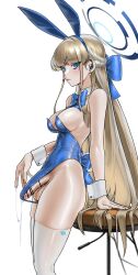 1futa absurdres animal_ears bar_censor blonde_hair blue_archive blue_bow blue_bowtie blue_eyes blue_halo blue_leotard blush bow bowtie breasts censored clothed clothing commentary cropped_legs detached_collar earphones earpiece english_commentary expressionless fake_animal_ears from_side futa_only futa_with_female futanari hairbow halo highres human large_breasts leotard light-skinned_futa light_skin long_hair looking_at_viewer mostly_clothed no_bra no_panties norunollu penis playboy_bunny precum precum_drip precum_through_clothes rabbit_ears sideboob solo standing strapless strapless_leotard testicles thighhighs toki_(blue_archive) toki_(bunny)_(blue_archive) white_thighhighs wrist_cuffs