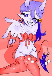 adult_female bell blue_hair bow bow_bra bow_tie christmas demon demon_girl demon_horns demon_tail devil devil_horns devil_tail female female_demon female_human female_only finger_claws fingers horns long_socks n.b.d.e new_year one_female pervert pillow pompoms purple_body purple_eyes purple_hair purple_horns purple_lipstick purple_skin red_background seduced seducing seducing_viewer seductive skinny submissive succubus tail