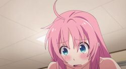 1girls animated anime_screencap areolae armpit blue_eyes blush bouncing_breasts breasts completely_naked_female completely_nude_female covering_mouth female_focus female_only getting_up jiggling_breasts large_breasts long_hair looping_animation megami-ryou_no_ryoubo-kun nipples open_mouth pink_hair saotome_atena solo solo_female upper_body_focus upper_teeth