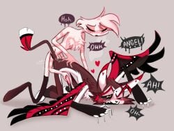 2boys 4_arms anal anal_sex angel_dust_(hazbin_hotel) anthro artist_request blush cat closed_eyes feline from_behind furrt gay gay_sex hazbin_hotel husk_(hazbin_hotel) masturbating_while_penetrated masturbation moaning no_humans sharp_teeth speech_bubble twink wings yaoi