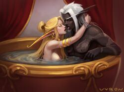 2d bath bathtub blonde_hair blood_elf blood_elf_female blood_elf_male bracelet commission cuddling dark-skinned_male dark_skin earrings elf_ears elf_male hair hugging intimate jewelry kissing large_breasts long_ears male naked original_characters petite saliva_trail scars silver_hair silvermoon skin_contrast softcore solasterion tattoo toned vyron warcraft white_skin world_of_warcraft wow