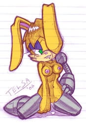 2006 anthro archie_comics big_head breasts bunnie_rabbot female female_only front_view huge_eyes kneeling long_ears pussy_juice rabbit solo sonic_(series) tagme telsa toony