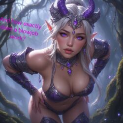 ai_assisted ai_generated beautiful bikini_armor cute_face earrings elf_ears elf_female elf_girl english_text fantasy forest forest_background horns jewerly leaning_forward original original_character purple_eyes question realistic sexy_body sexy_pose text