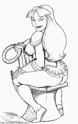 ass breasts chair chakram esenkas female female_only full_body hercules_and_xena_–_the_animated_movie:_the_battle_for_mount_olympus holding_weapon human long_hair looking_back monochrome nipples sitting sitting_on_chair smile solo tagme weapon xena xena_warrior_princess