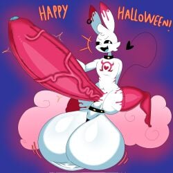 anthro balls big_balls big_penis demon english_text genitals halloween heart_symbol hi_res holidays huge_balls huge_cock lagomorph leporid lok_bunny lokbunny17 male mammal omega_symbol penis rabbit red_penis solo spade_tail tail text vein veiny_penis white_body white_eyes