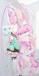 2girls age_difference antenna_hair aqua_sleeves arthropod_girl asymmetrical_legwear blue_eyes blush bobby_socks breasts cleavage_cutout closed_mouth clothing_cutout cockroach_girl commentary densetsu.exe detached_sleeves dress english_commentary frilled_thighhighs frills ghost gradient_hair green_dress green_hair height_difference highres indie_virtual_youtuber long_hair maid maid_headdress matara_kan matara_kan_(1st_costume) mature mature_female medium_hair milf mint_fantome mint_fantome_(minto_2.0) mommy monster_girl multicolored_hair multiple_girls multiple_legs oerba_yun_fang older_female pink_dress pink_hair pointy_ears red_eyes single_thighhigh size_difference skin_fang socks streaked_hair terupancake thighhighs uneven_legwear very_long_hair virtual_youtuber white_hair white_headdress white_socks white_thighhighs yuri