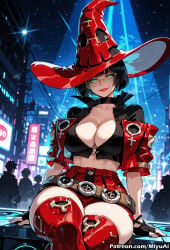 1girl ai_assisted ai_generated bangs belt black_choker black_footwear black_gloves black_hair boots breasts choker cleavage collarbone cropped_jacket curvaceous curvy curvy_female curvy_figure elbow_gloves female fingerless_gloves glasses gloves green_eyes ground_vehicle guilty_gear hat i-no jacket large_breasts leather lips looking_at_viewer miyuai mole motor_vehicle night red_footwear red_headwear red_legwear short_hair sitting sky smile solo star_(sky) starry_sky thick thick_ass thick_butt thick_hips thick_legs thick_thighs thigh_boots thighhighs voluptuous voluptuous_female wide_hips wide_thighs witch_hat