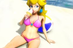 1girls 3d beach beach_ball big_breasts blonde_hair blue_eyes busty cleavage eating female female_only half-closed_eyes hi_res ice_cream large_breasts legs lipstick long_hair looking_at_viewer mario_(series) navel nintendo ocean open_mouth pink_bikini pink_lipstick pose posing princess princess_peach seductive_eyes sitting solo teeth thighs virtualblueam2 voluptuous water
