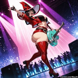 1girl ai_assisted ai_generated amplifier_(instrument) ass belt black_hair boots bracelet breasts cropped_jacket curvaceous curvy curvy_female curvy_figure electric_guitar female fingerless_gloves full_body gloves green_eyes guilty_gear guitar hat high_heel_boots high_heels i-no instrument large_breasts looking_at_viewer looking_back microphone miyuai mole mole_under_mouth music night open_mouth playing_instrument plectrum red_headwear red_legwear shiny shiny_skin short_hair singing sky smile solo solo_focus stage stage_lights star_(sky) thick thick_ass thick_butt thick_hips thick_legs thick_thighs thigh_boots thighhighs thighs underboob voluptuous voluptuous_female wide_hips wide_thighs