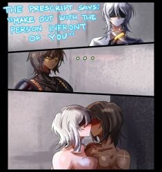 2girls arczaeon big_breasts dialogue docking faust_(limbus_company) female female/female female_only human kissing large_breasts limbus_company outis_(limbus_company) project_moon text yuri