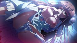 1boy aqua_eyes areolae blush breast_grab breasts brown_hair cameltoe dress embarrassed female fingering game_cg large_breasts long_hair male natsuzora_no_perseus night nipples panties pantyshot sawatari_tohka shouna_mitsuishi straight thighs underwear upskirt white_panties yuzuna_hiyo