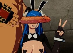 1boy 1girls 3d breasts_out bunnysuit cock_out cock_worship cum_in_mouth dizzy_(guilty_gear) evil_smile family_sex father_and_daughter guilty_gear guilty_gear_strive head_grab lolikill ntr penis_covering_eyes penis_on_face queen_dizzy showing_penis smile sol_badguy v worship